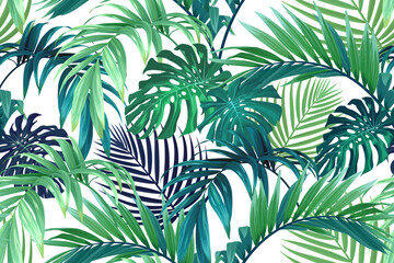 Seamless hand drawn tropical vector pattern with monstera palm leaves. - obrazy, fototapety, plakaty