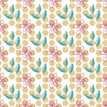 Daisy flower with leaves seamless pattern beige neutral design © OlgaKorica