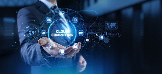 Fototapeta na wymiar Cloud technology networking processing data storage. Businessman pressing button on screen.