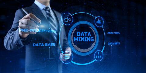 Big data information technology concept. Businessman pressing button on screen.