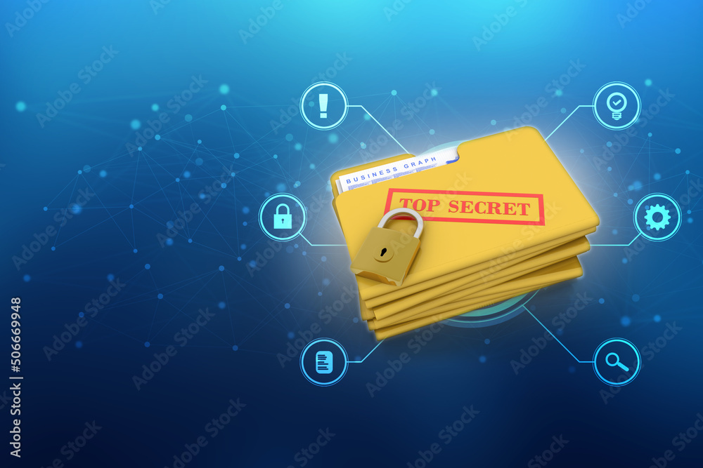 Poster yellow folder and lock. data security concept. 3d rendering