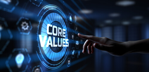 Core values corporate mission vision responsibility. Hand pressing button on screen.