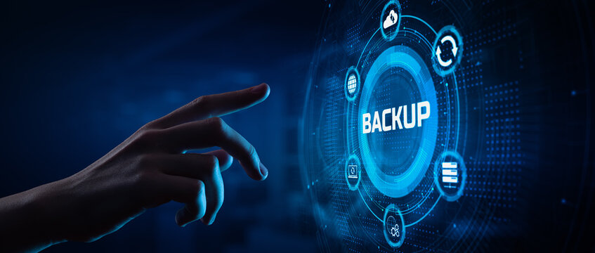 Backup Disaster recovery. Hand pressing button on screen.