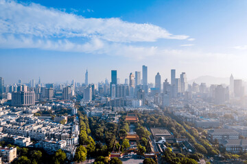 Fototapeta premium Aerial view of Chaotian Temple and city skyline in Nanjing, Jiangsu, China