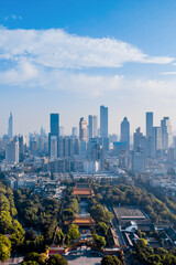 Aerial view of Chaotian Temple and city skyline in Nanjing, Jiangsu, China