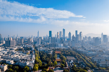 Aerial view of Chaotian Temple and city skyline in Nanjing, Jiangsu, China