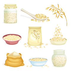 Oatmeal as Whole-grain Food with Rolled Oats in Bowl and Cereal in Package Vector Set