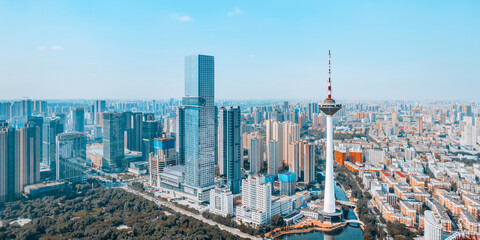 Naklejka premium Aerial photography of city CBD of Shenyang Color TV Tower, Liaoning, China