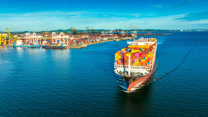 Aerial in front of cargo ship carrying container and running for export  goods  from  cargo yard...