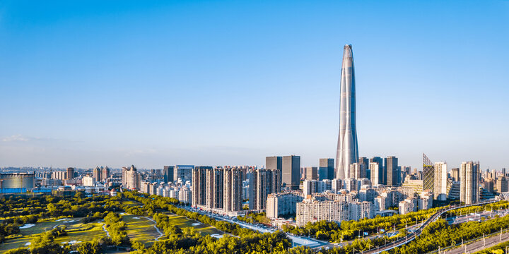 Aerial photography of the city skyline of Chow Tai Fook Financial Center, Binhai New Area, Tianjin, China © Govan
