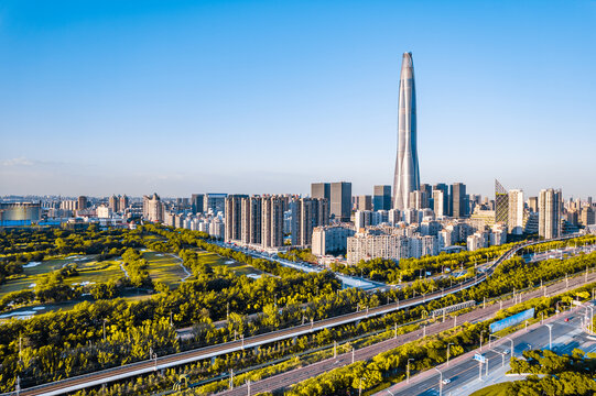Aerial photography of the city skyline of Chow Tai Fook Financial Center, Binhai New Area, Tianjin, China © Govan