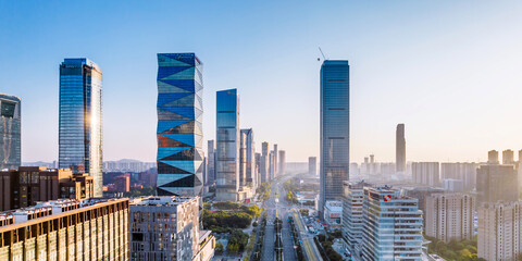 Aerial photo of the city skyline of Hexi CBD, Jiangsu, China at dusk © Govan