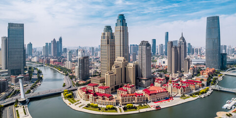 Aerial photography of CBD city skyline of Haihe and Jinwan Plaza, Tianjin, China - obrazy, fototapety, plakaty