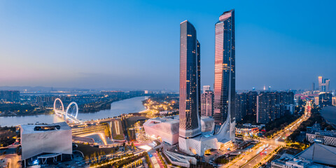 Aerial photography of the city skyline of Nanjing Youth Olympic Center and Nanjing Eye Bridge in...