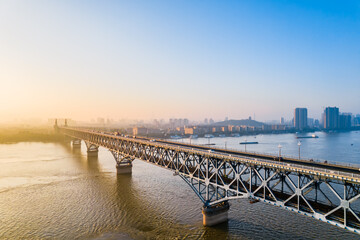 Fototapeta na wymiar Early morning aerial photography of traffic flow of Nanjing Yangtze River Bridge in Jiangsu, China
