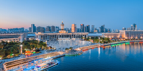 Night aerial photography of Tianjin Railway Station in Tianjin, China