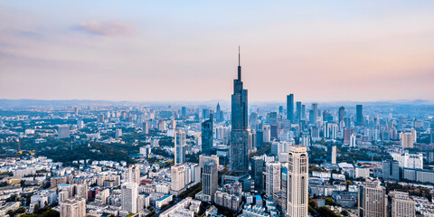 Aerial view of Zifeng Tower and city skyline in Nanjing, Jiangsu, China
