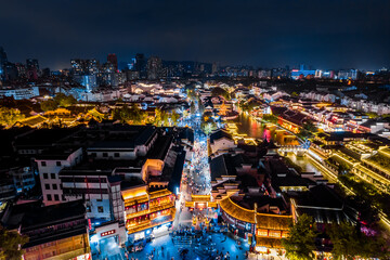 Aerial photography of Gongyuan Street night scene in Qinhuai sightseeing belt of Confucius Temple, Nanjing, Jiangsu, China