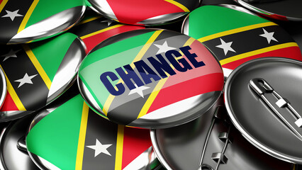 Change in Saint Kitts and Nevis - national flag of Saint Kitts and Nevis on dozens of pinback buttons symbolizing upcoming Change in this country. ,3d illustration