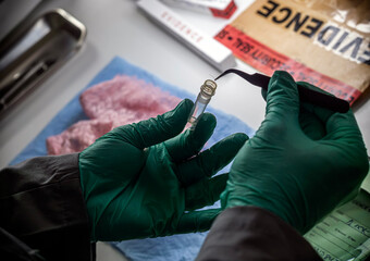 Police scientist inserts rape victim's hair into vial for crime lab DNA research, conceptual image