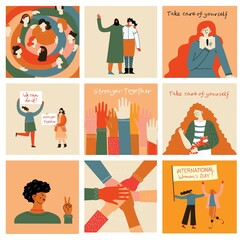 Women friendship group. Diverse female team standing together, holding hands, girls power, multinational sisterhood community vector illustration. Friendship group females, people diversity