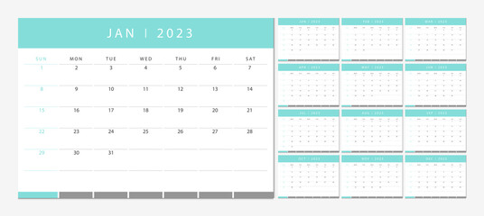 Calendar 2023 week start Sunday corporate design planner template.