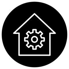 Gear, house simple icon vector. Flat design. White icon on black circle. White background.ai