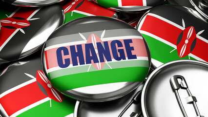 Change in Kenya - national flag of Kenya on dozens of pinback buttons symbolizing upcoming Change in this country. ,3d illustration