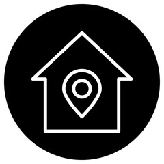 Location pointer, house simple icon vector. Flat design. White icon on black circle. White background.ai