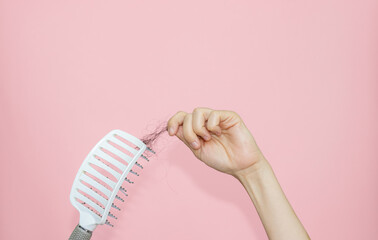 hair fall out concept. isolated hands with hair brush and another hand drags hair clump from brush....