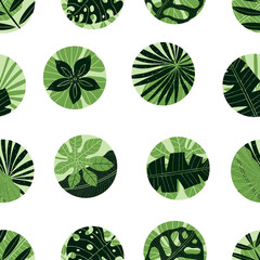 Tropical leaves in polka dots. Exotic summer botanical seamless pattern. Can be used in textile industry, paper, background, scrapbooking.Vector.