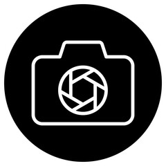 Photo camera simple icon vector. Flat design. White icon on black circle. White background.ai