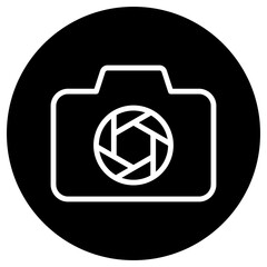 Photo camera simple icon vector. Flat design. White icon on black circle. White background.ai