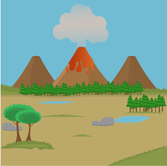 vector illustration of a volcano erupting in nature, in nature there are many trees, in the open, there are disasters, flat design vector