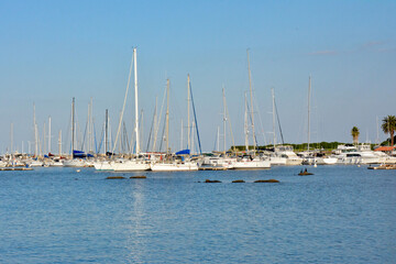 Obraz premium City Montevideo / state Tacuarembo/ month August/ Saturday/ two thousand and nineteen/ Beautiful Luxury boat yacht on ocean and sea - Imagem