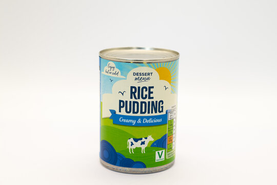 Irvine, Scotland, UK - may 18, 2022: Tin of Rice Pudding by Dessert Munu for the Aldi Brand