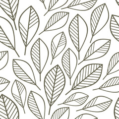 Naklejka na ściany i meble Leaves vector seamless pattern. Geometric contour leaf background. Graphic abstract floral illustration. Wallpaper, backdrop, fabric, textile, clothes print, wrapping paper or package design.