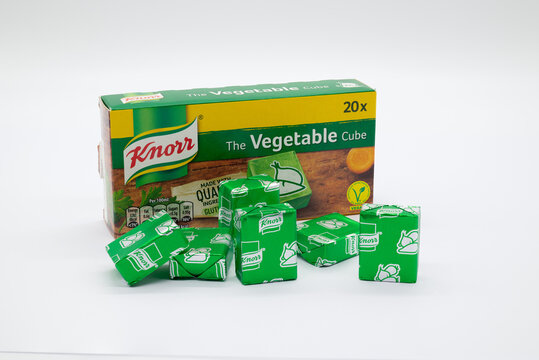 Irvine, Scotland, UK - May 18, 2022: Knorr vegetable stock cubes in a cardboard box with a white back ground.