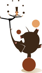 Elephant and equilibrist mustache man juggle the balls. 
Funny long mustache man in the top hat balances on the trunk of the elephant and juggles the balls on white background
