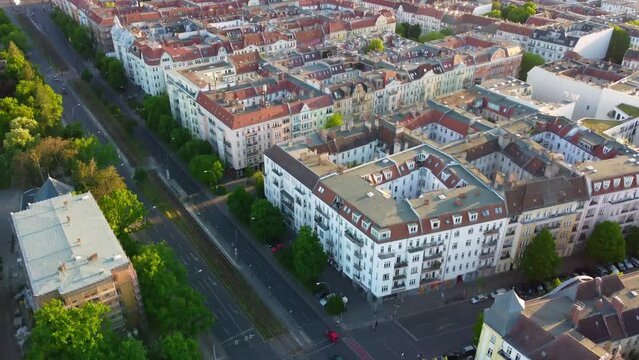 Overview of Prenzlauer berg Allee with television tower Multi-family houses 
Amazing aerial view flight tilt down drone footage
of Berlin Summer 2022. Cinematic travel guide by Philipp Marnitz