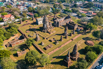 Aerial view of wat phrasi rattana mahathat, ruin temple in Lopburi, Thailand