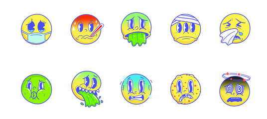 sick emoji. Vintage 30s 40s 50s cartoon and comic facial expressions emoji. Expressive eyes and mouth, sick sneeze fever Vomit chills character face expressions vector set Premium Vector