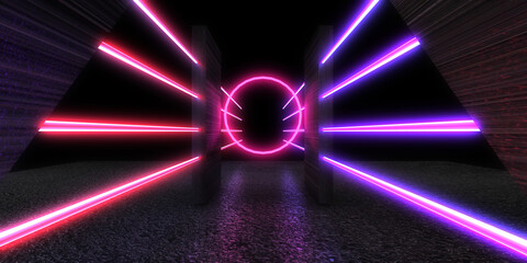 3D abstract background with neon lights. neon tunnel  .space construction . .3d illustration