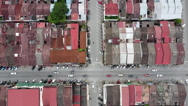 Aerial look down rooftop of old Kampar, Perak town