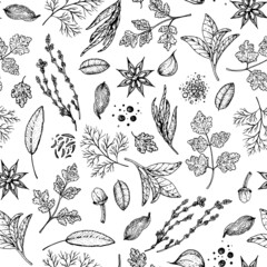 Herbs and spices seamless pattern. Hand drawn vector illustration. Aromatic plants. Hand drawn food sketch. Vintage illustration. Sketch style. Spice and herbs black and white design.