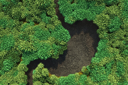 Planet Health Concept. Dry River in Shape of  Stomach  Organ in Green Jungle Forest. 3d Rendering