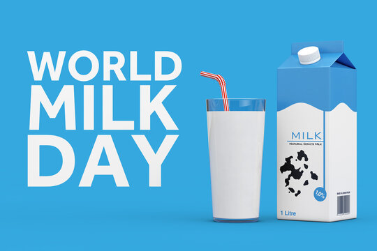 World Milk Day Concept. Milk Carton Box with Glass of Milk and Milk Day Sign. 3d Rendering - Powered by Adobe