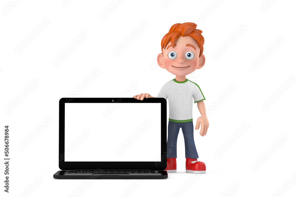 Poster Cartoon Little Boy Teen Person Character Mascot with Modern Laptop Computer Notebook and Blank Screen for Your Design. 3d Rendering