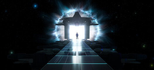 Dark abstract Sci Fi path with Outer Space in background. Man Standing with Glowing Light Rays and Portal. 3d Rendering - obrazy, fototapety, plakaty