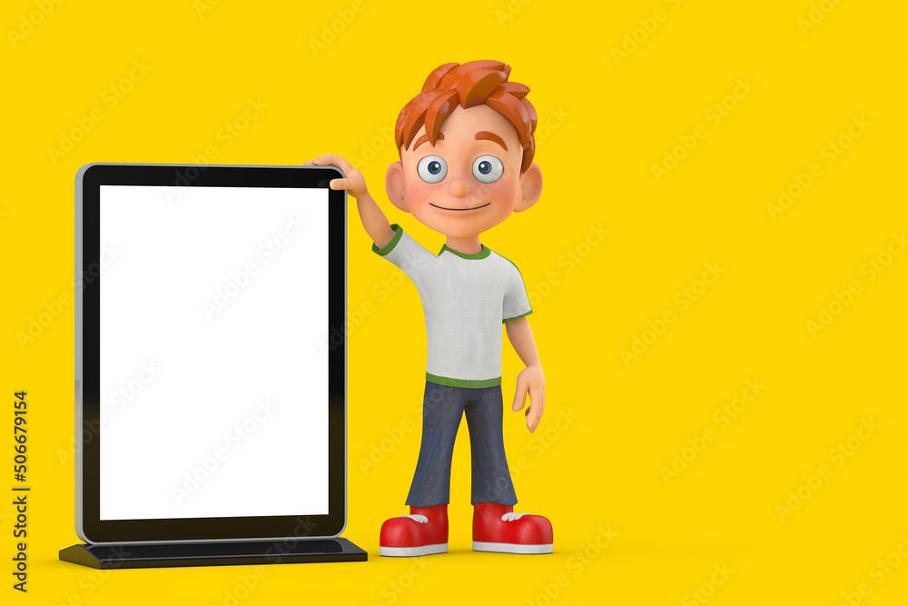 Aufkleber Cartoon Little Boy Teen Person Character Mascot with Blank Trade Show LCD Screen Display Stand as Template for Your Design. 3d Rendering